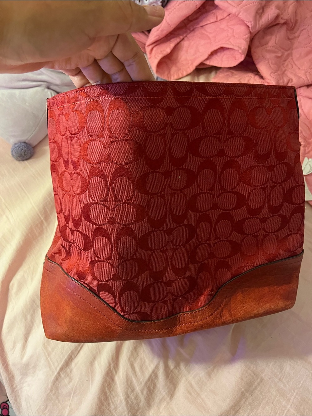 Coach Red Signature Monogram Canvas Tote with Leather Base
